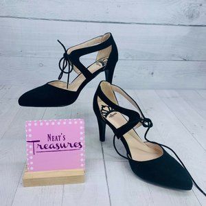 Fergalicious Black Pointed-Toe Lace-Up Heels